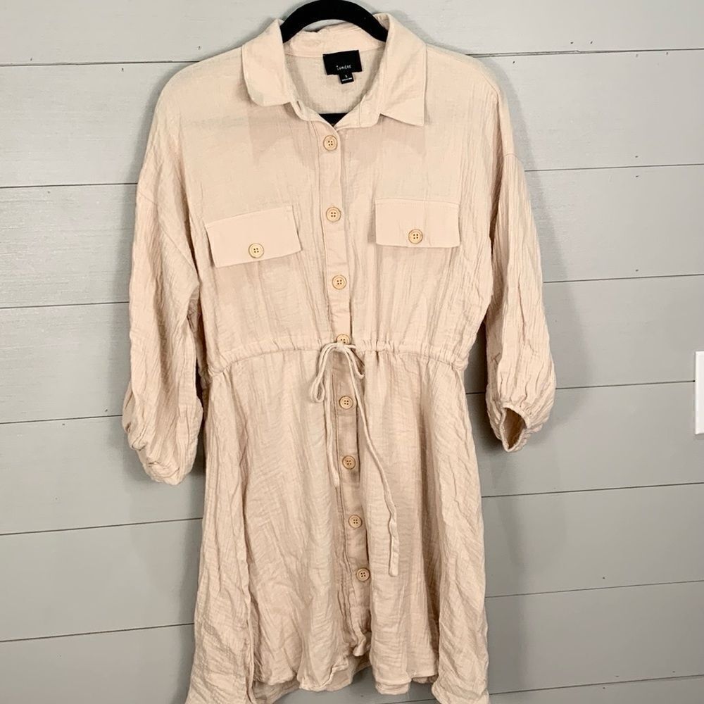 Lumiere tan colored muslin tie waist button-down knee length dress size small